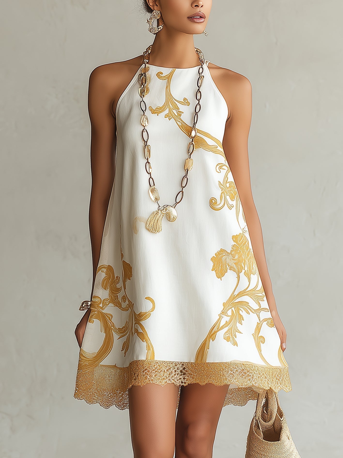 Héloïse | White Mini Lace Dress with Golden Patterns