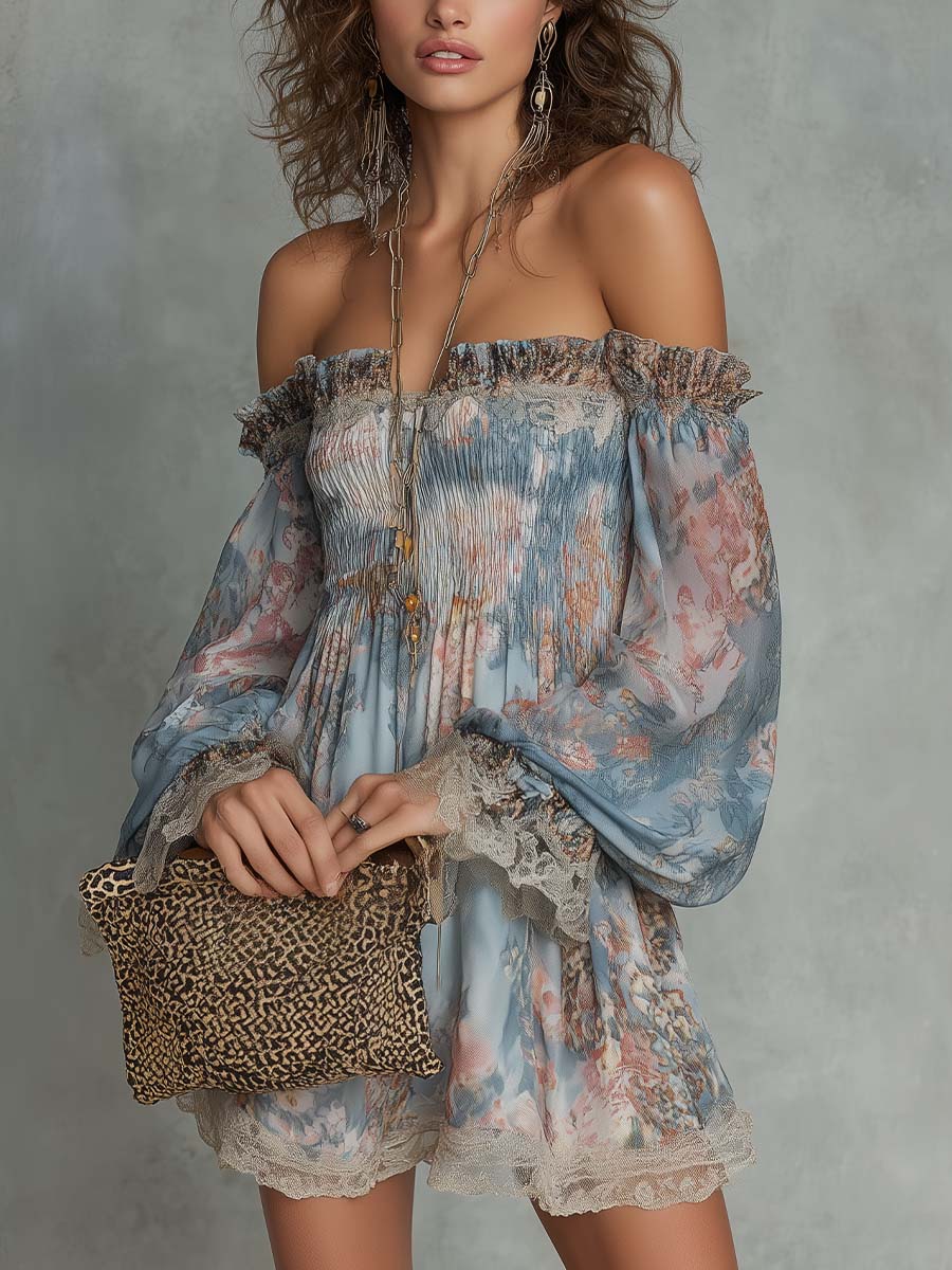 Romane | Mini Dress in Gathered Chiffon with Off-Shoulder and Romantic Flowers