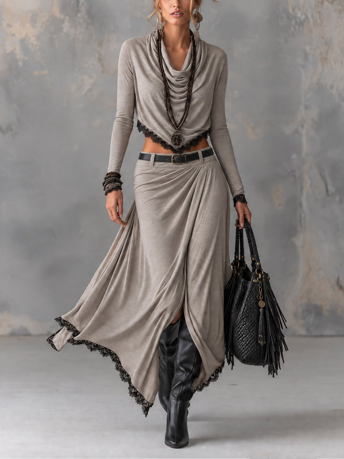 NOA | Gray Draped Top and Skirt Set
