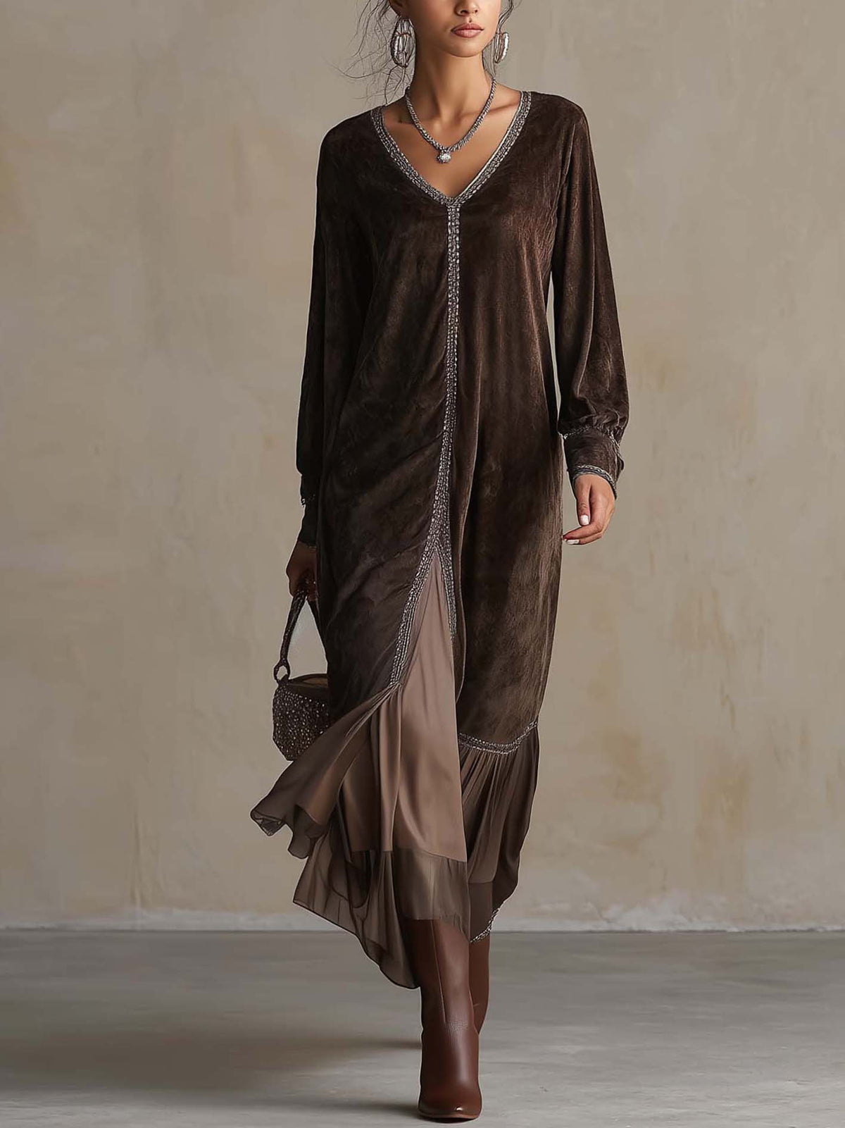 TERESA | Brown Suede-Look Midi Dress