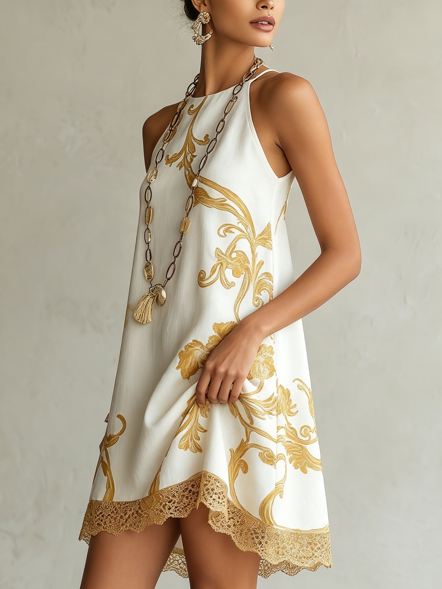 Héloïse | White Mini Lace Dress with Golden Patterns