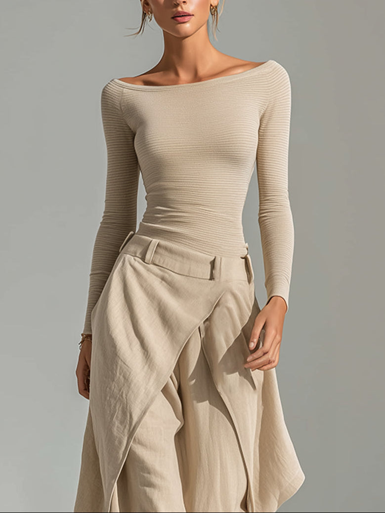 Beige Boat Neck Top and Layered Wide-Leg Trouser Set