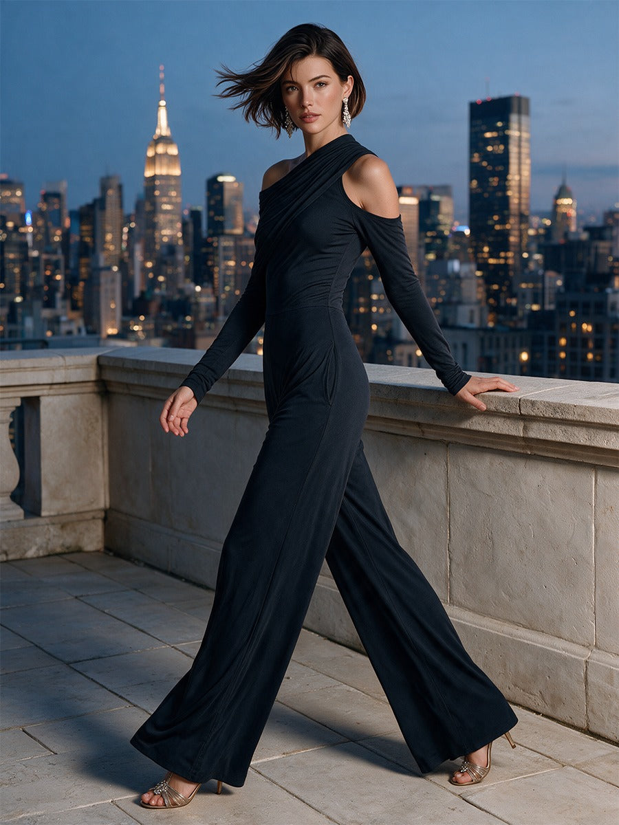 Black One-Shoulder Party Wide-Leg Jumpsuit