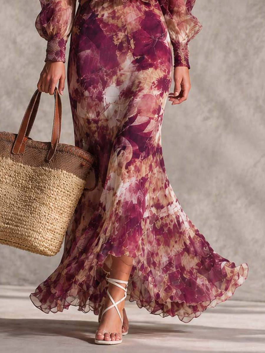 Rosine | Antique Pink Maxi Dress with Off-Shoulder Sleeves, Floral Pattern