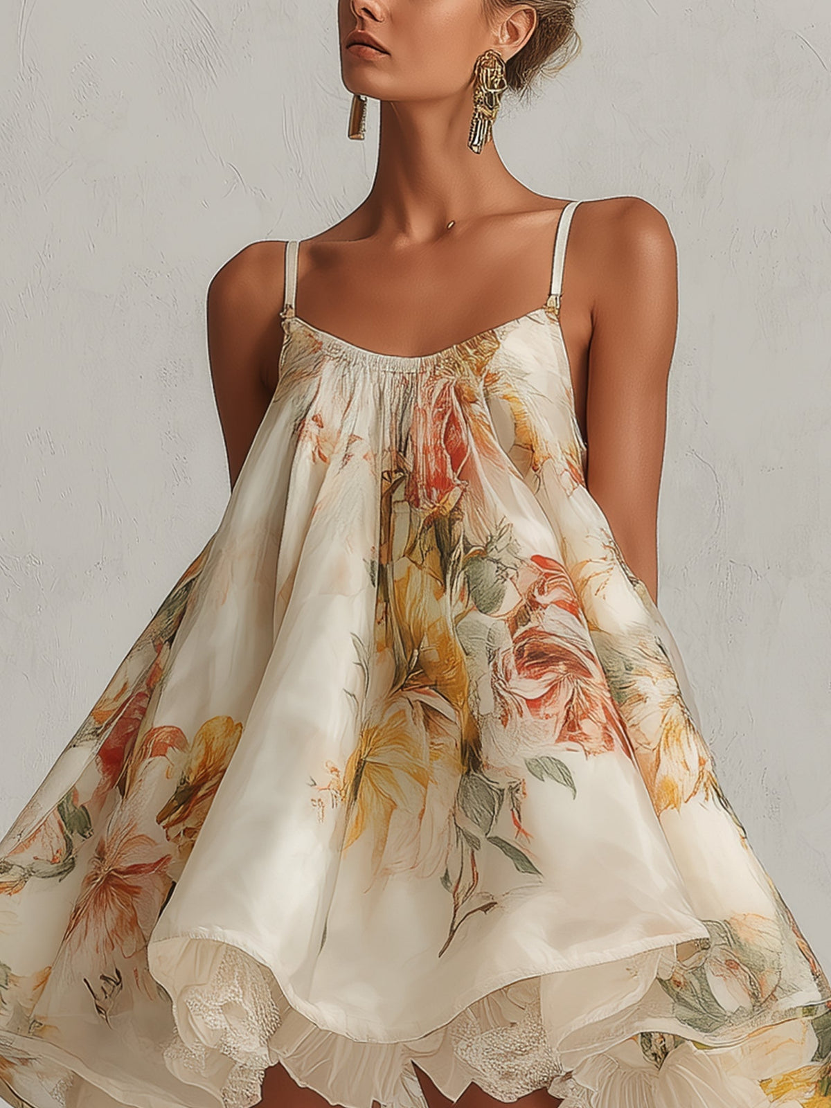 Béatrice | Beige Floral Organza A-Line Mini Dress with Lace Trim