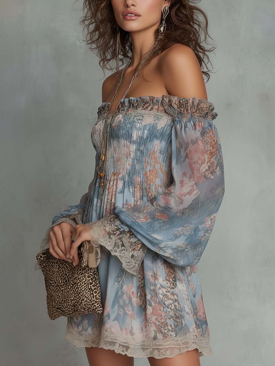 Romane | Mini Dress in Gathered Chiffon with Off-Shoulder and Romantic Flowers