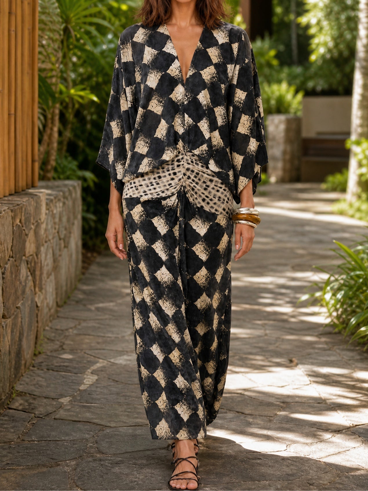 Casual Abstract Checkered Print Set