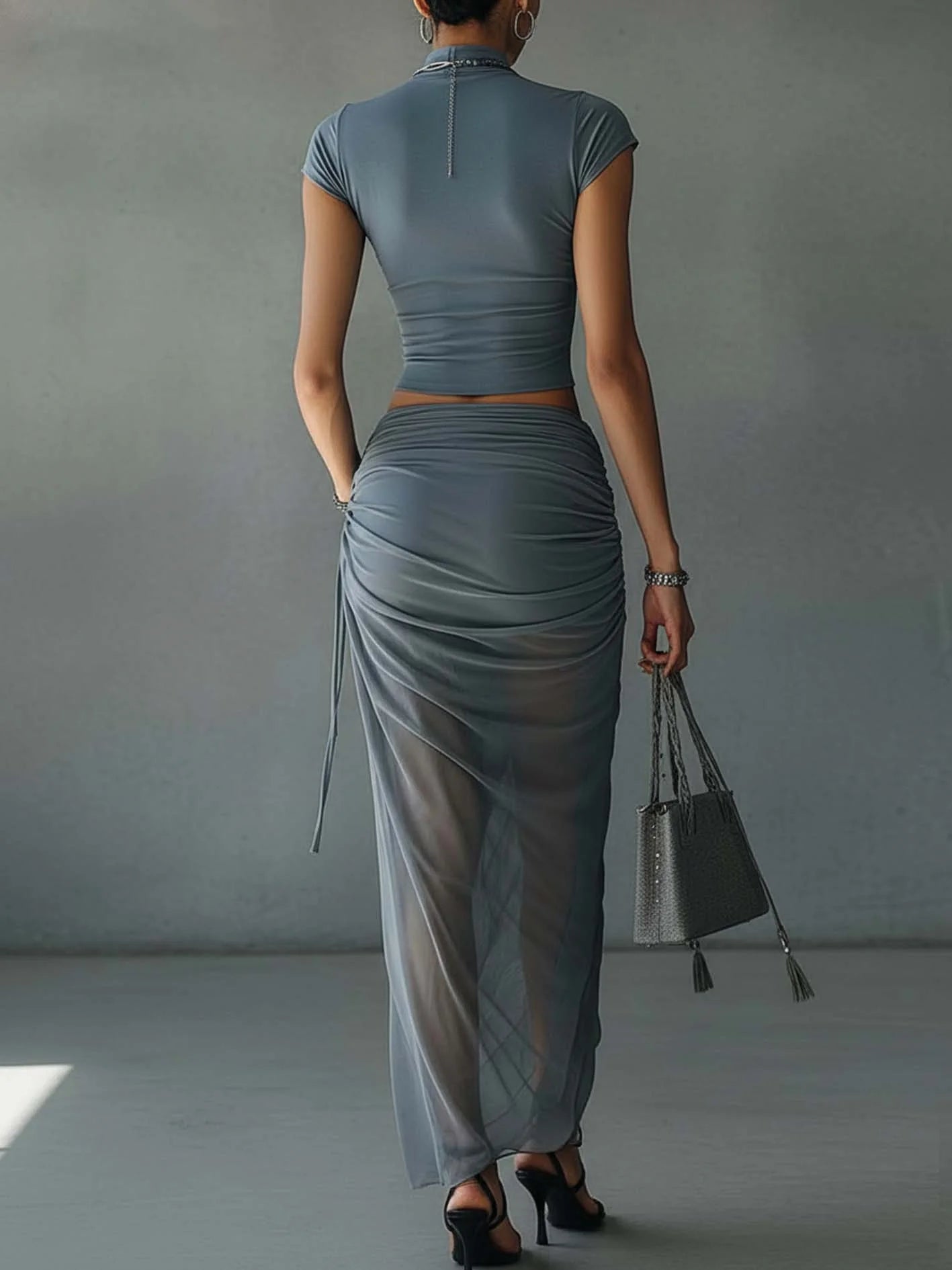 Set of Blue Short Sleeve T-Shirt and Sheer Draped Skirt