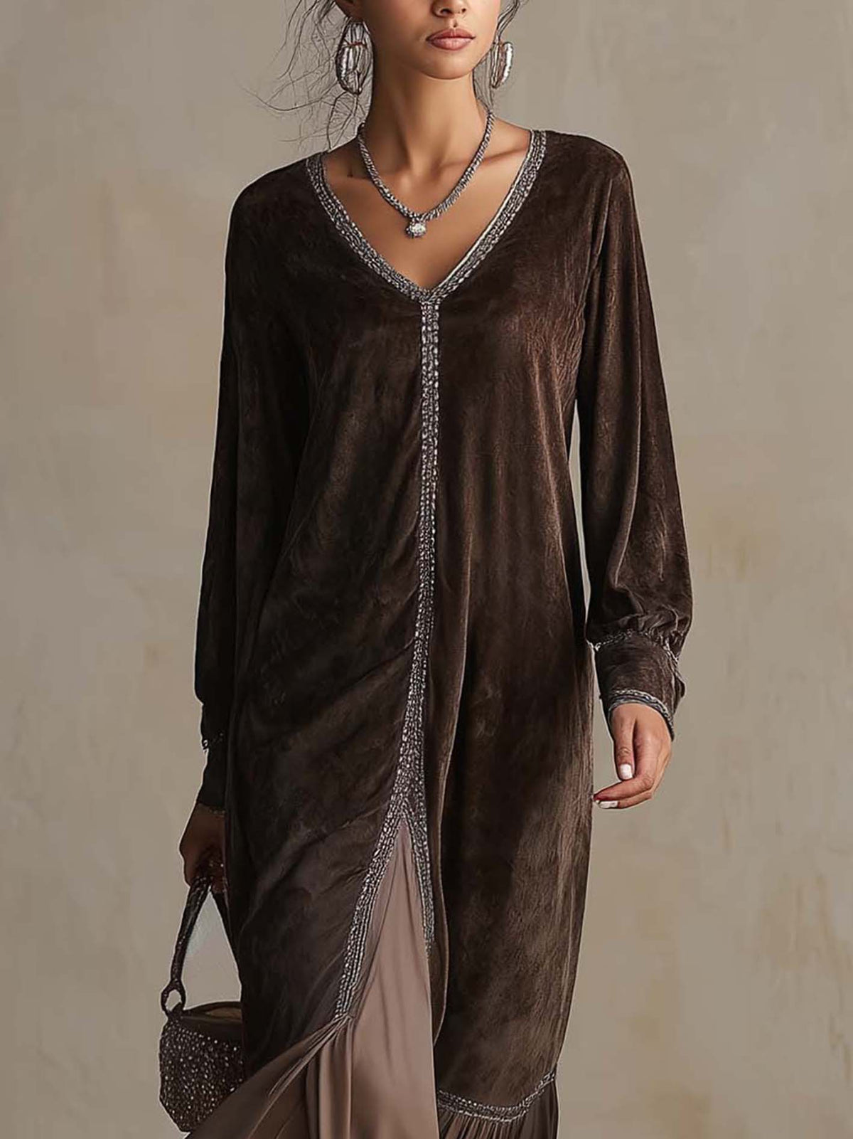TERESA | Brown Suede-Look Midi Dress
