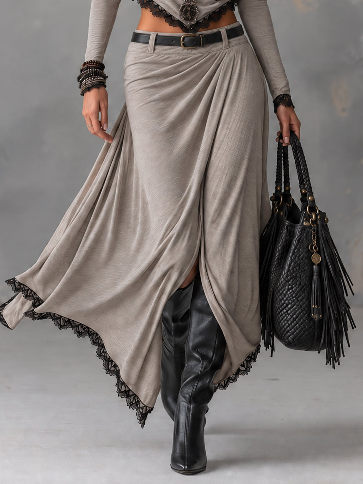 NOA | Gray Draped Top and Skirt Set