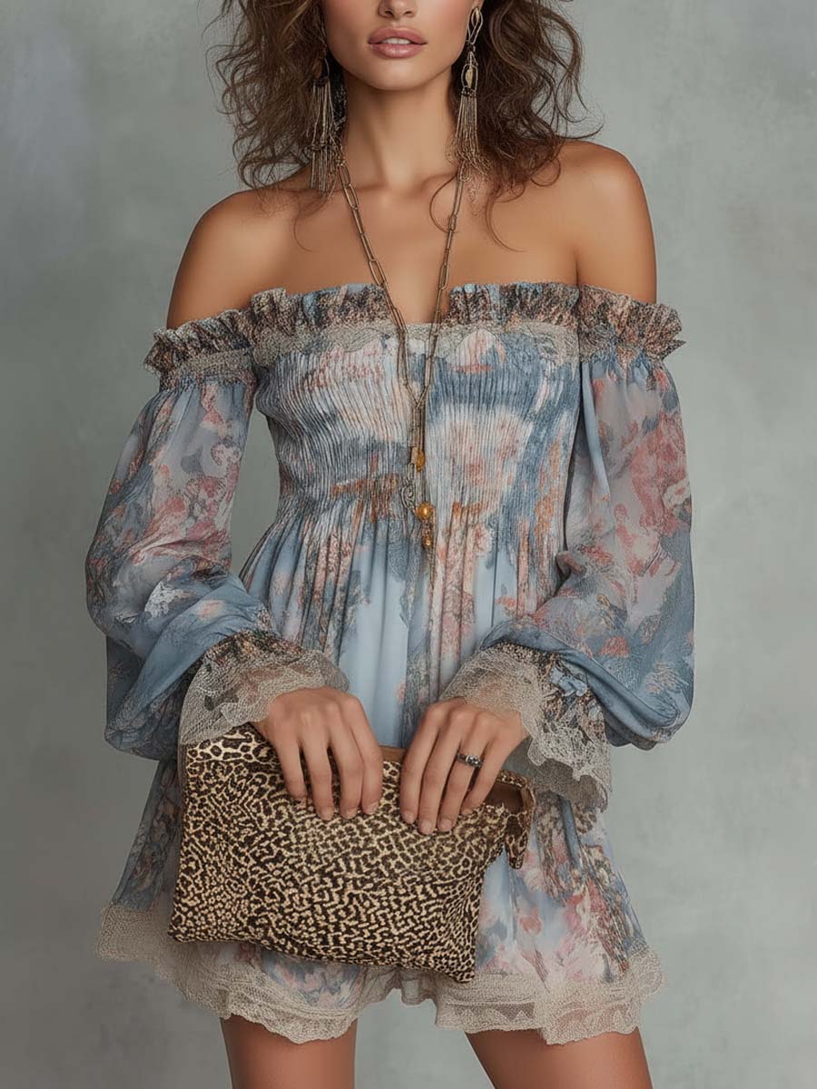 Romane | Mini Dress in Gathered Chiffon with Off-Shoulder and Romantic Flowers