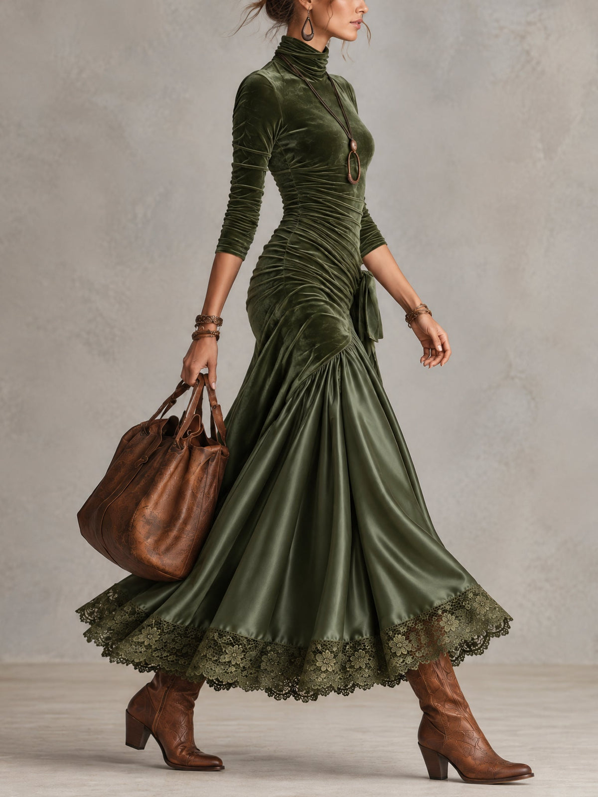NEREA | Velvet & Satin Lace-Hem Dress