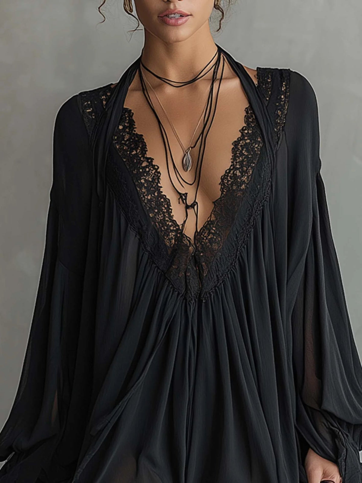 Cassandre | Black Chiffon Mini Dress with Lace Collar