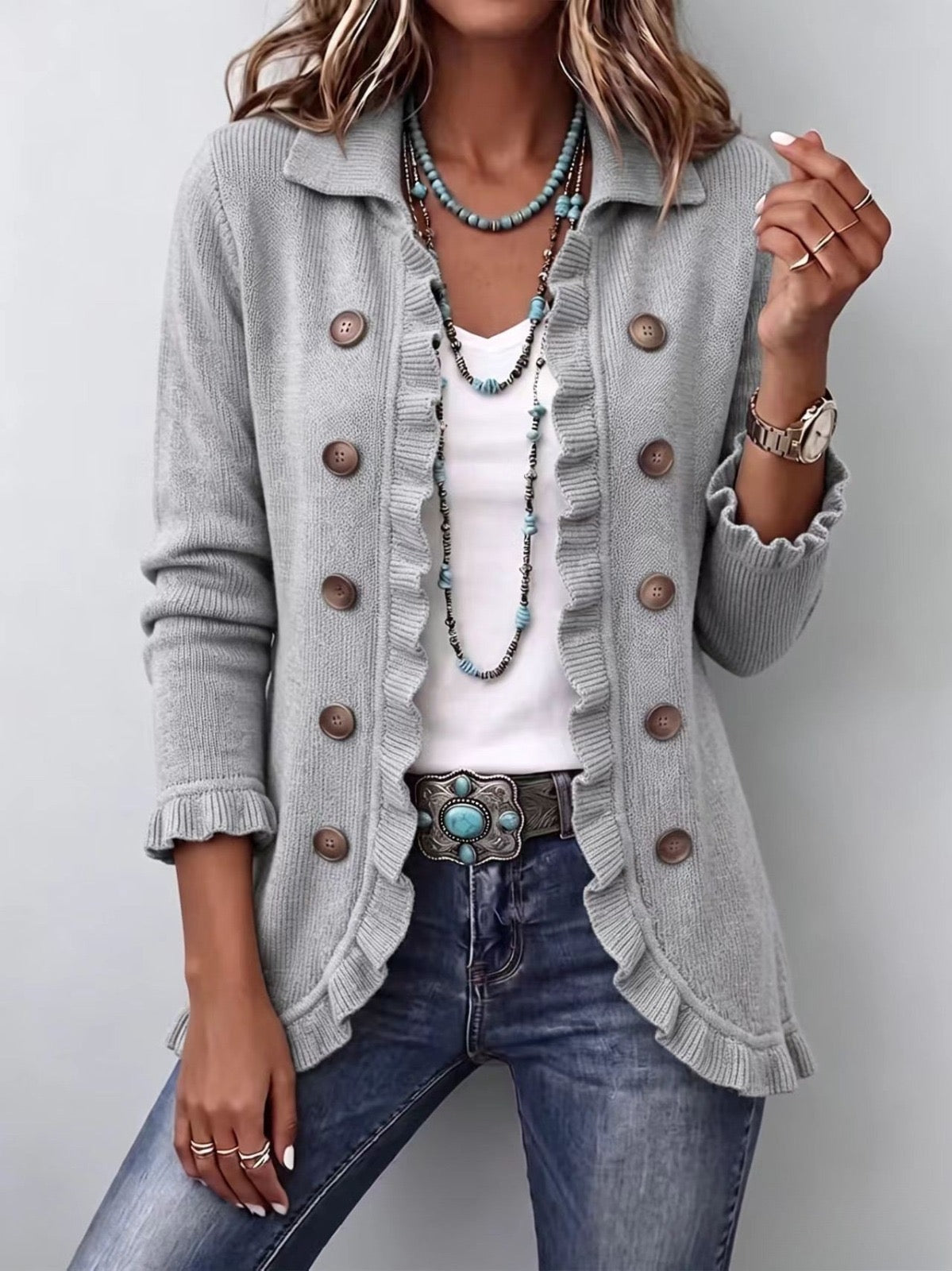 Obdulia | Gray marled knit jacket with ruffles