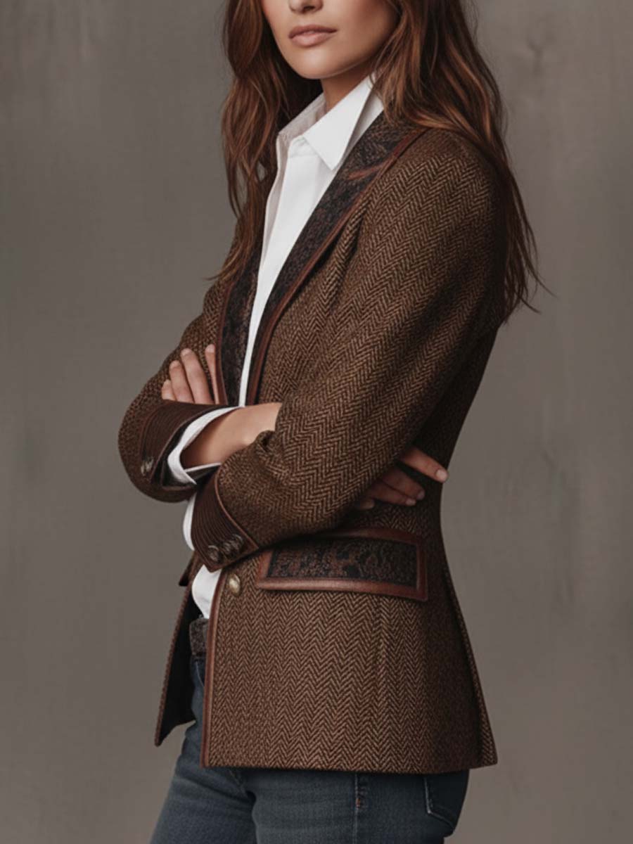 Houndstooth Women's Blazer with Printed Panels