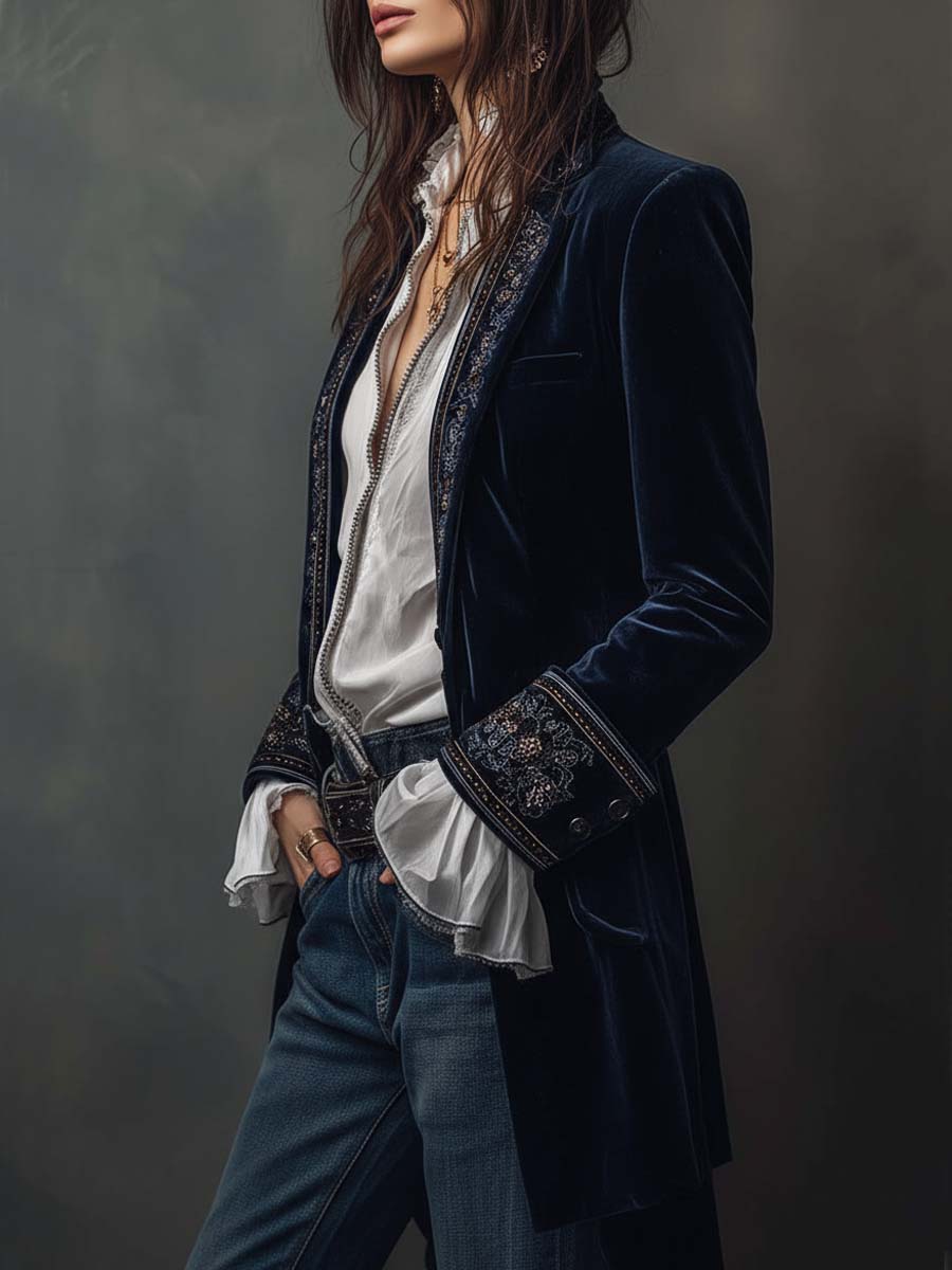 Vintage Navy Blue Embroidered Long Women's Jacket