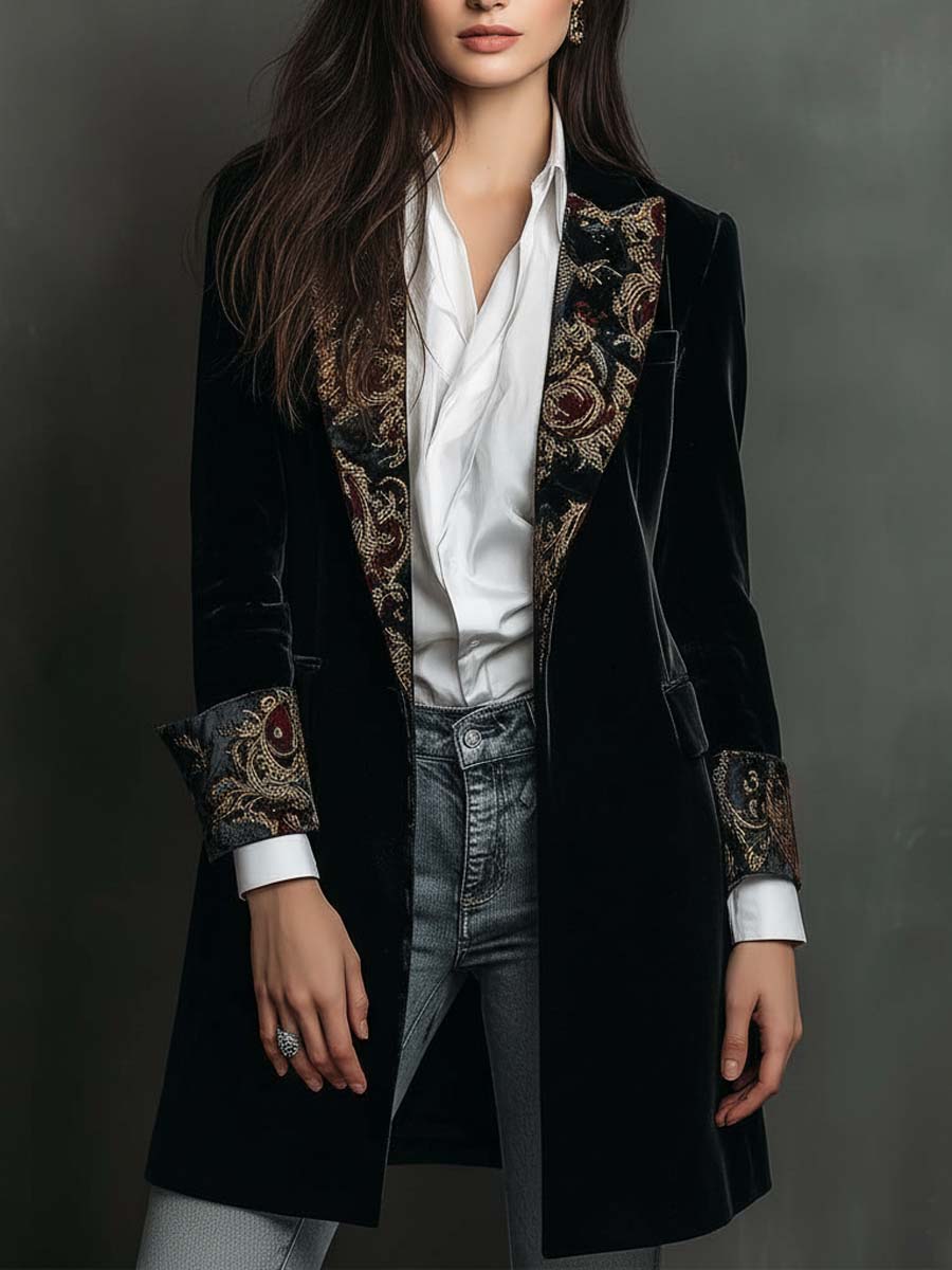 Slim Fit Black Women's Blazer with Lapels and Baroque Print