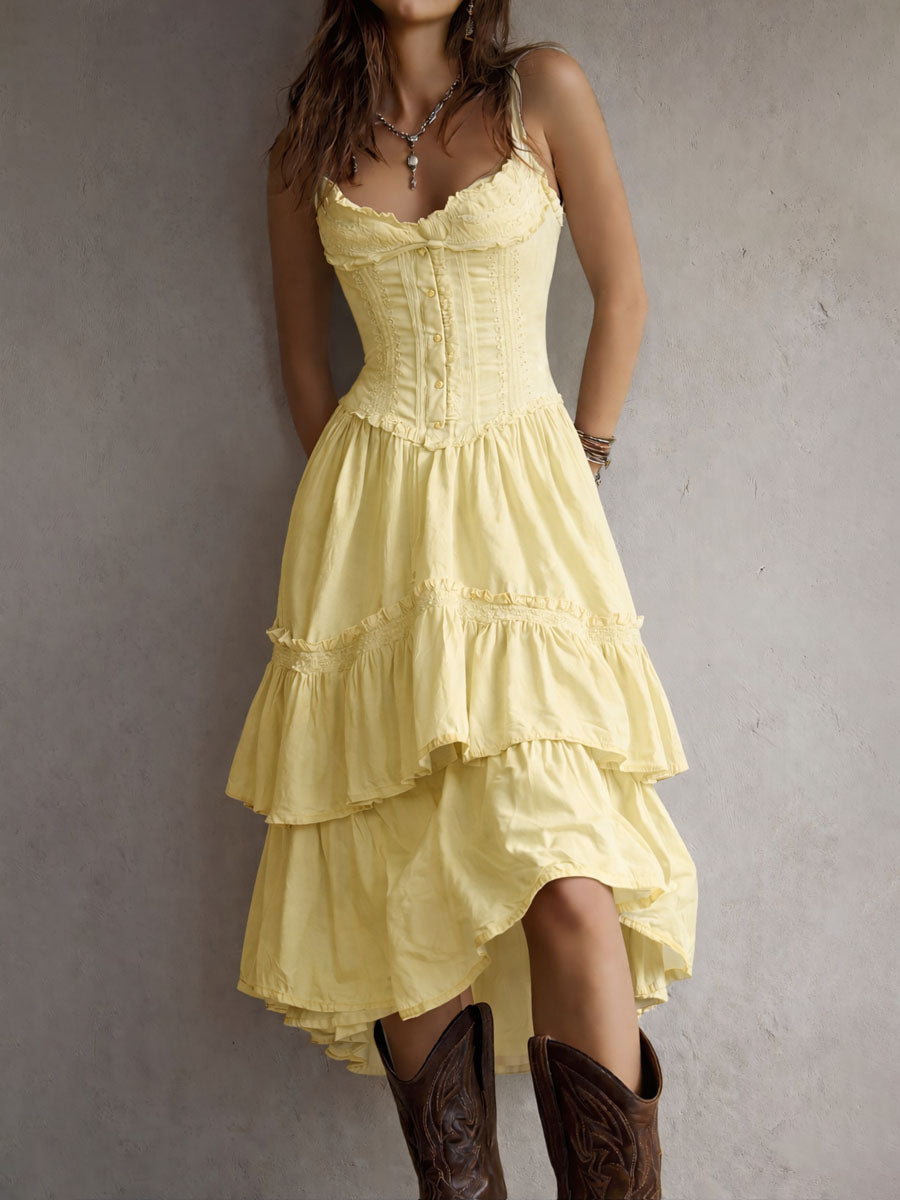 Maya | Lace-Trim Corset Tiered Midi Dress