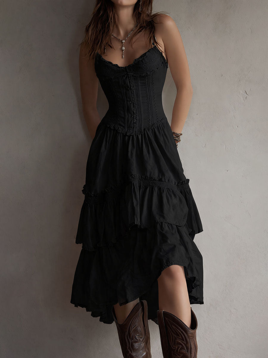 Maya | Lace-Trim Corset Tiered Midi Dress