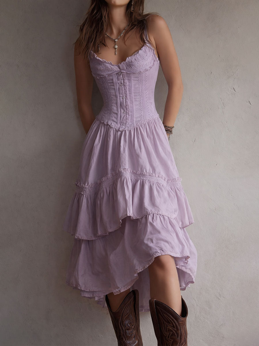Maya | Lace-Trim Corset Tiered Midi Dress