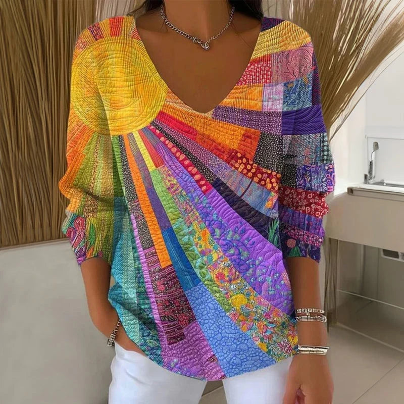 Sylvie | Patchwork Print V-Neck Long-Sleeve Top