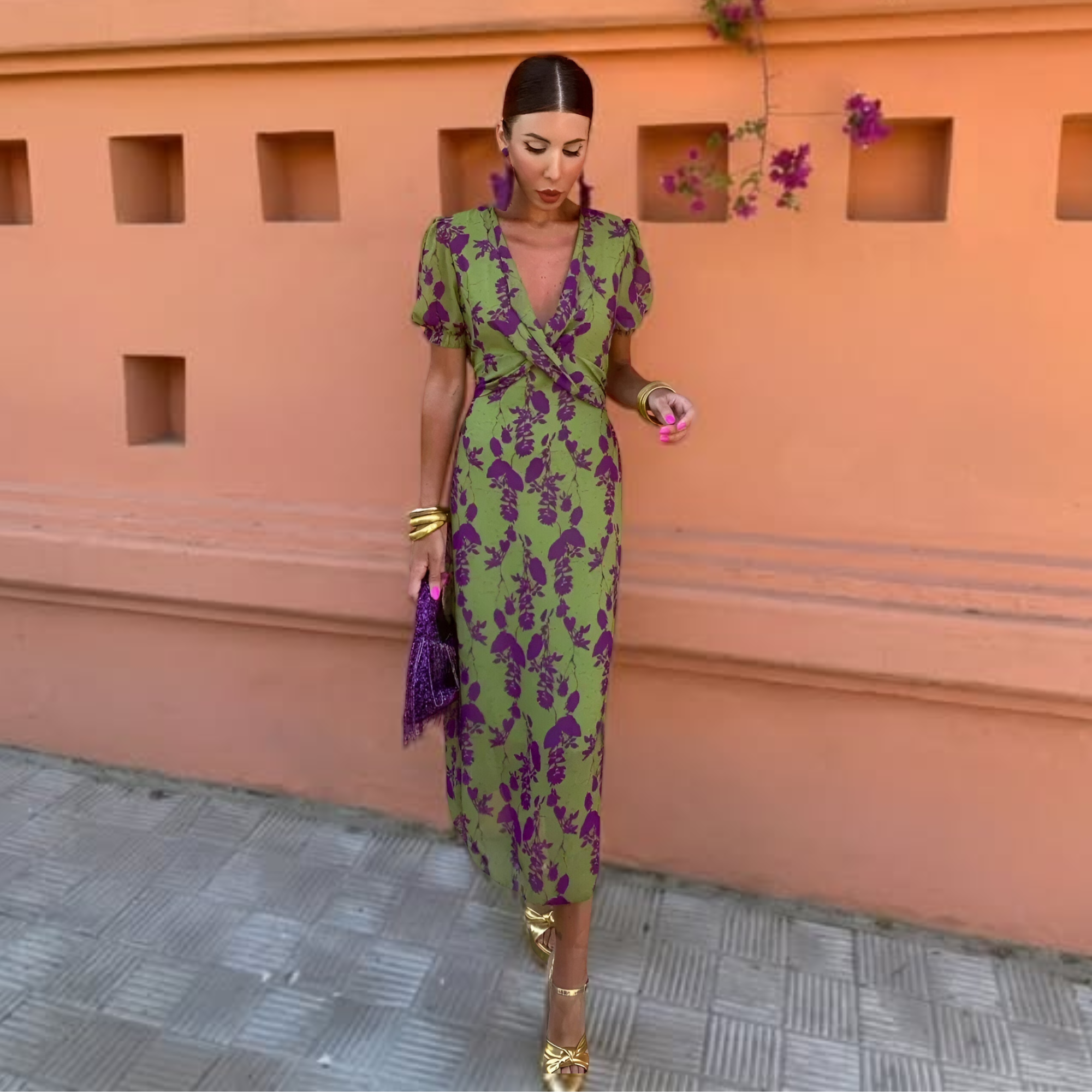 Ernestinaâ„¢ | Long Floral Green Dress
