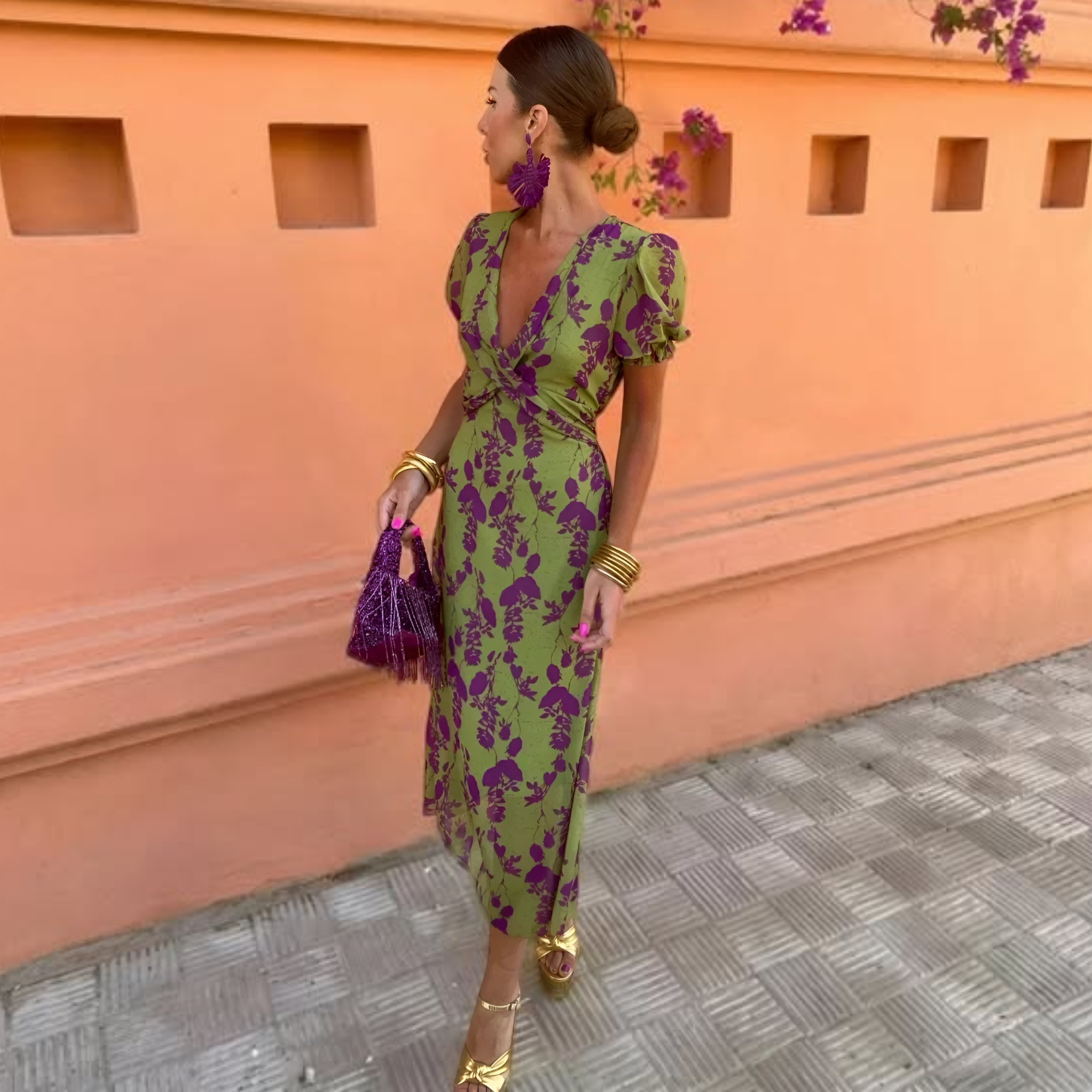 Ernestinaâ„¢ | Long Floral Green Dress