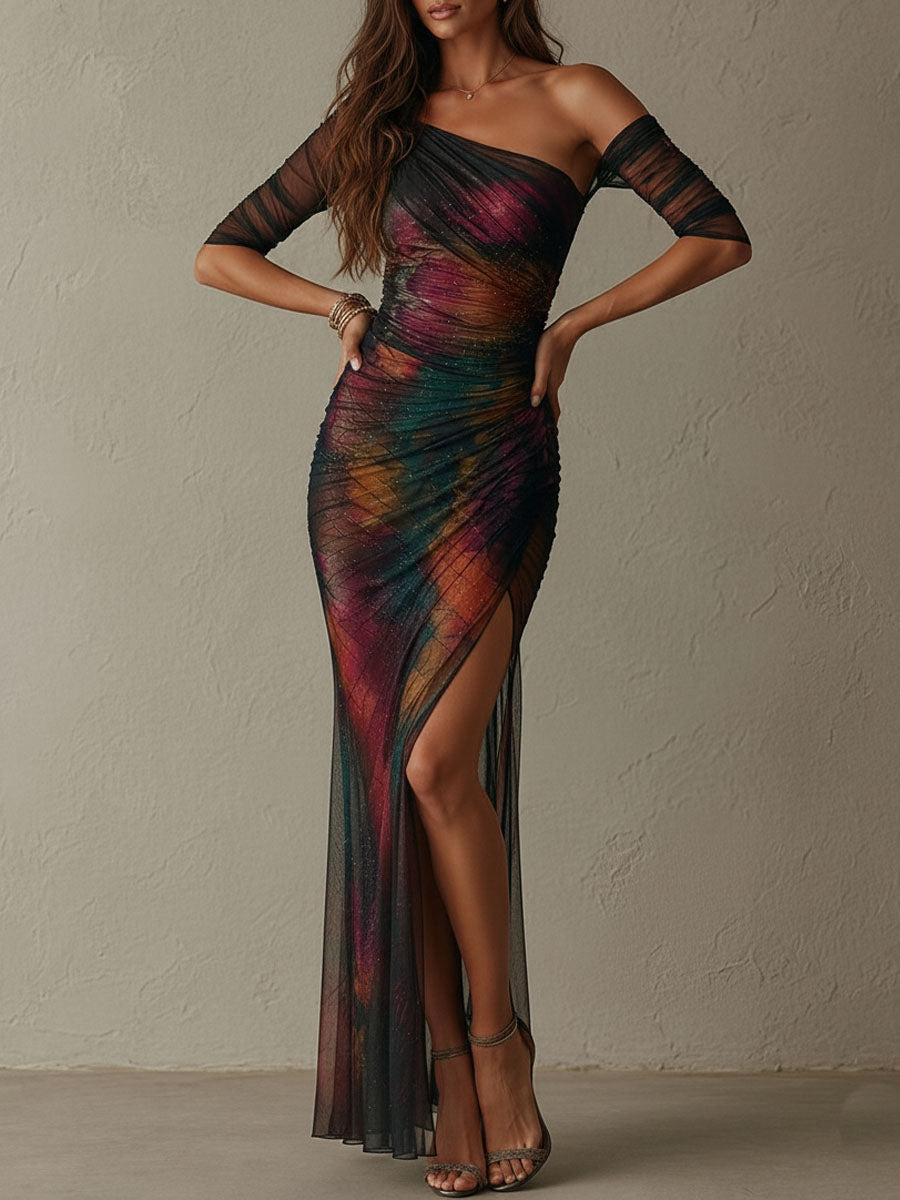 Nora | One-Shoulder Ruched Mesh Maxi Dress