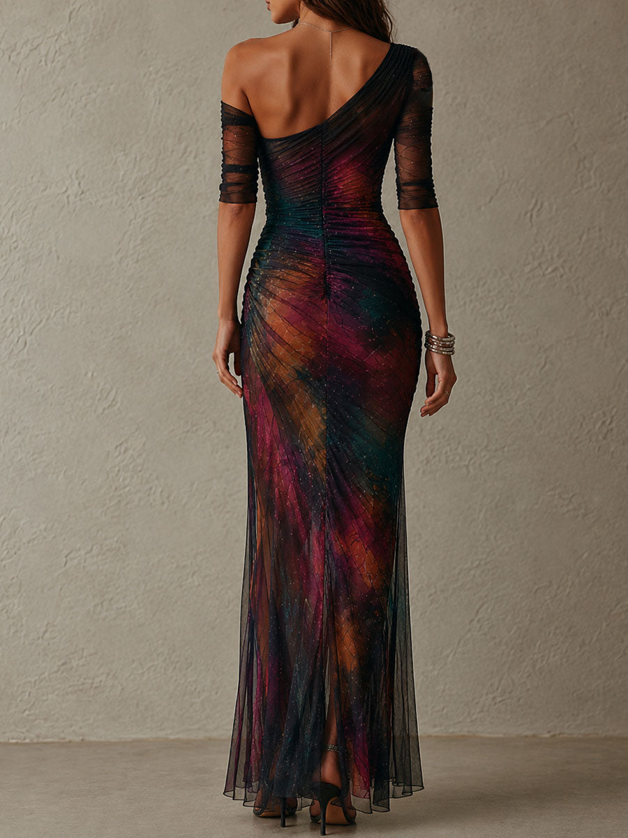 Nora | One-Shoulder Ruched Mesh Maxi Dress