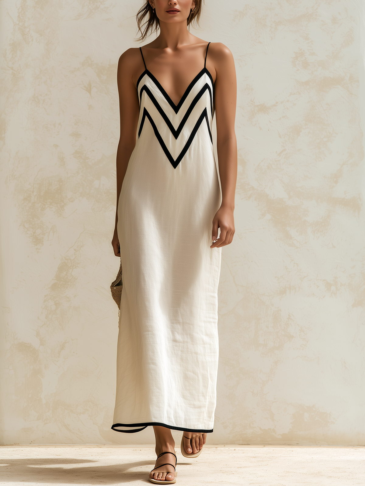 Maya | Maxi Slip Dress with Contrasting Chevron Trim