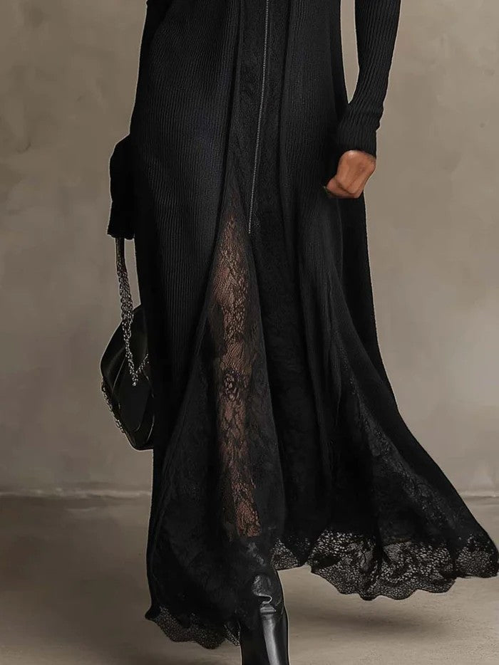 Ribbed Knit Lace Patch Maxi Dress
