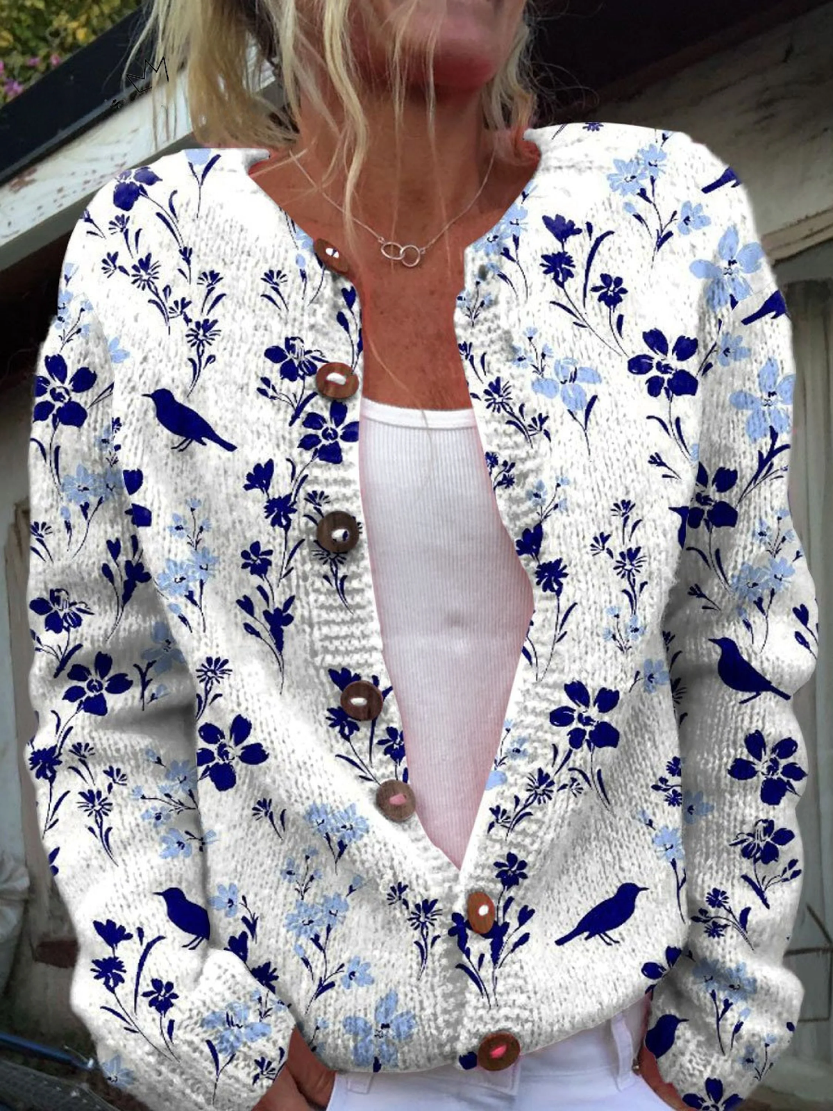 Vynoraâ„¢ | Vintage Floral Bird Print Button-Front Cardigan Sweater