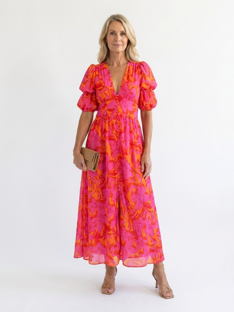 Ellis & Johnson™ | Floral V Neck Puff Sleeve Midi Dress