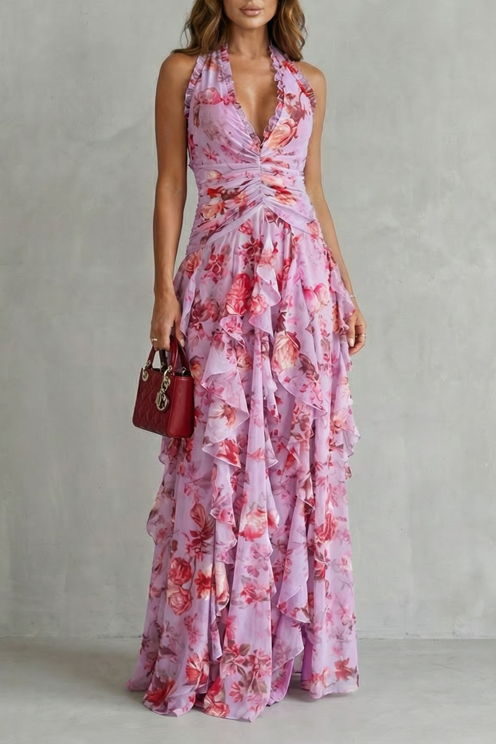 Belladina | Romantic Cascading Rose Long Dress with American Neckline