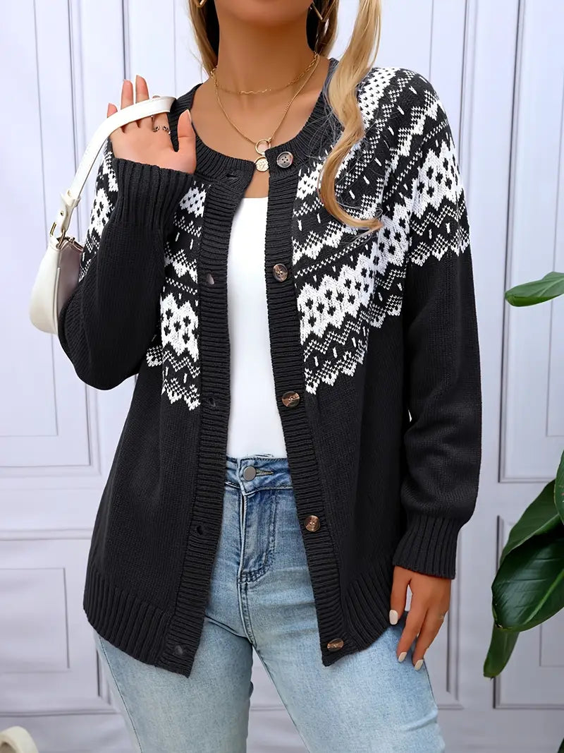 Women's Acrylic Knit Cardigan with Geometric Pattern