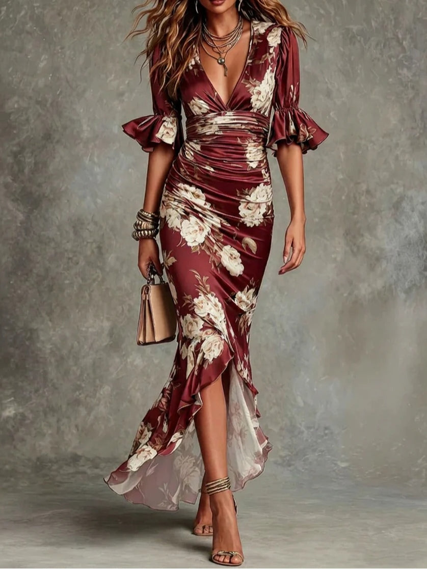 Green Floral Ruffled Bell Sleeve V-neck Satin Asymmetrical Maxi Dress