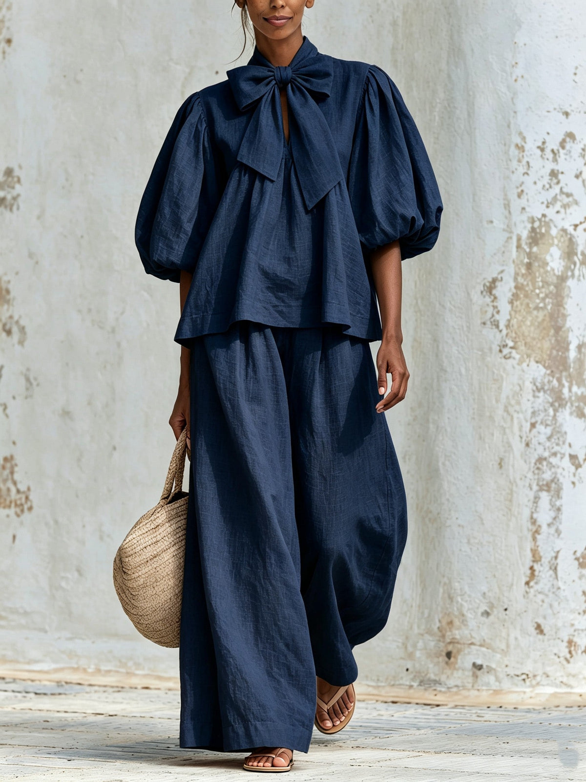 DELPHINE | Bow-Neck Top and Pants Set – Wells & Rose