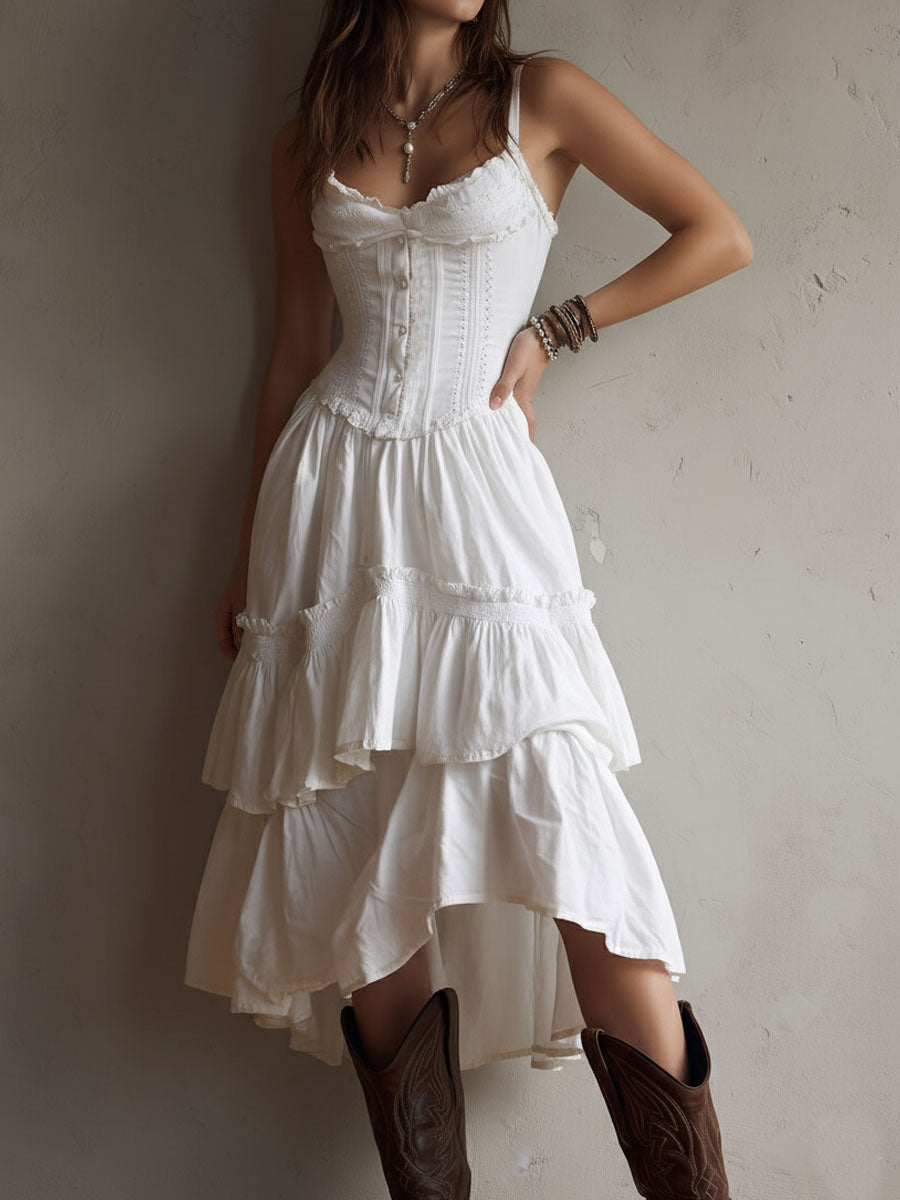 Maya | Lace-Trim Corset Tiered Midi Dress