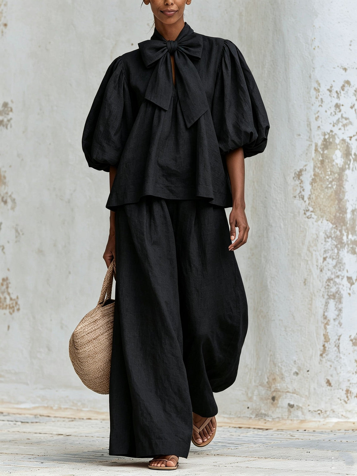 DELPHINE | Bow-Neck Top and Pants Set – Wells & Rose