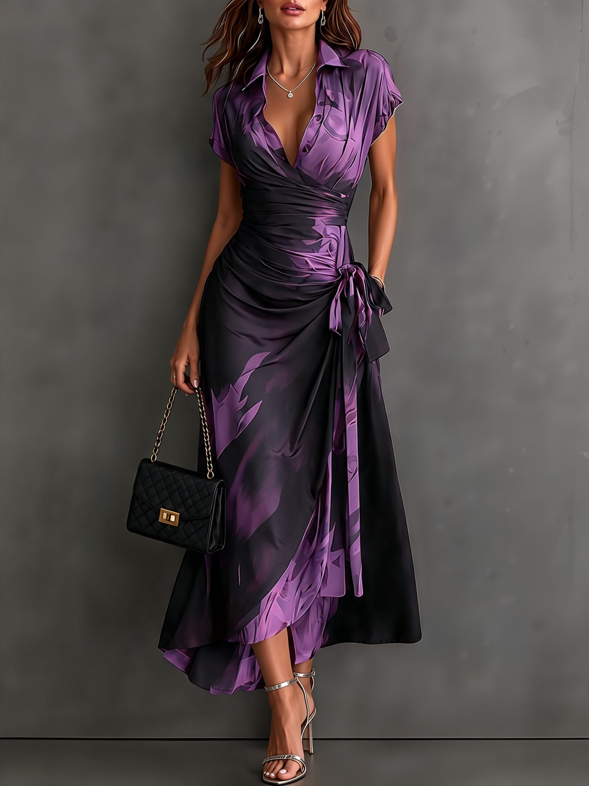 Elisa | Midi Wrap Dress in Abstract Print, Purple