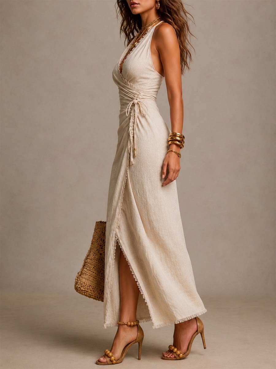 Marisol | Linen Wrap Midi Dress with Lace Trim
