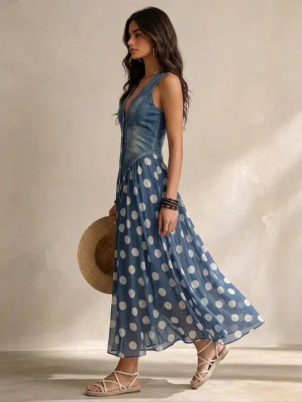 Solène | Denim Dress with Polka Dot Chiffon Skirt