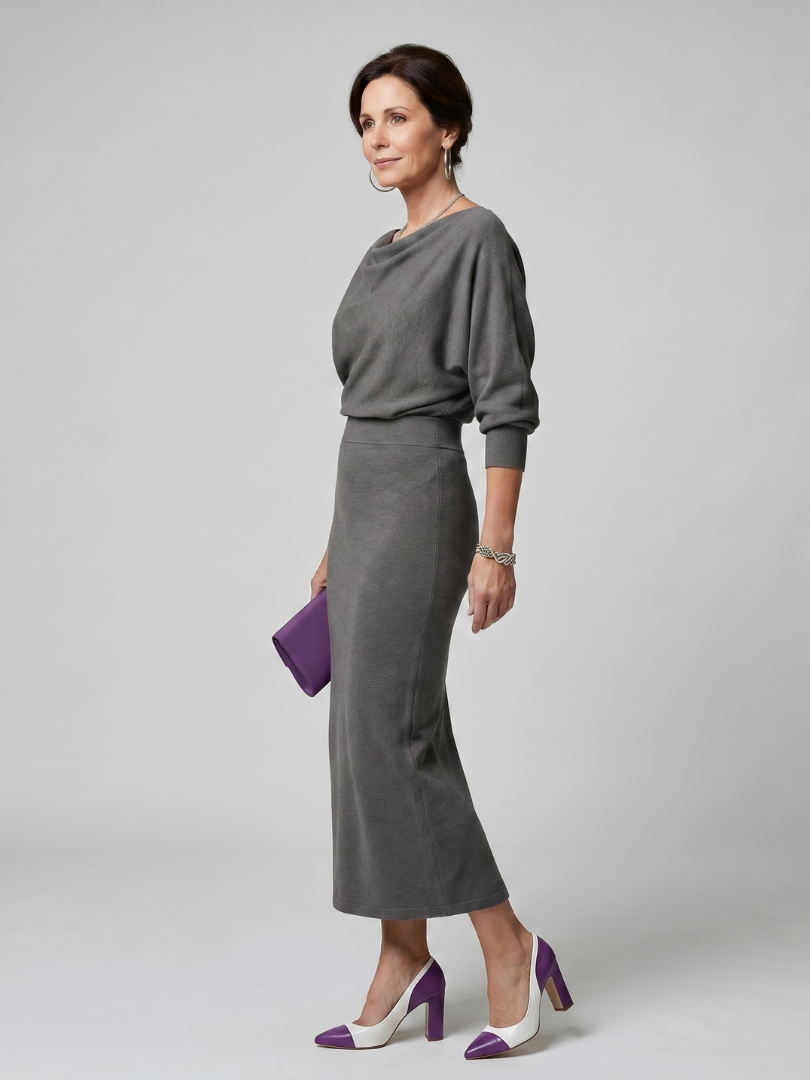 Romy | Draped Neckline Fitted Skirt Midi Dress