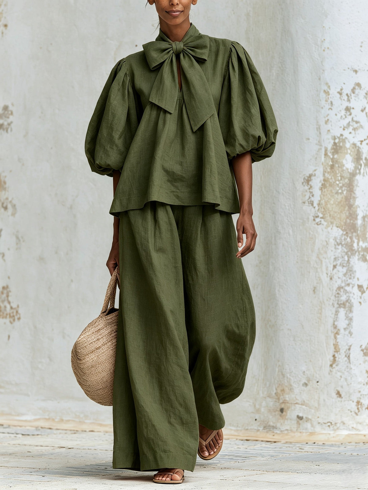 Blush Pink Linen-Blend Bow Tie Puff Sleeve Top & Wide-Leg Pants Set