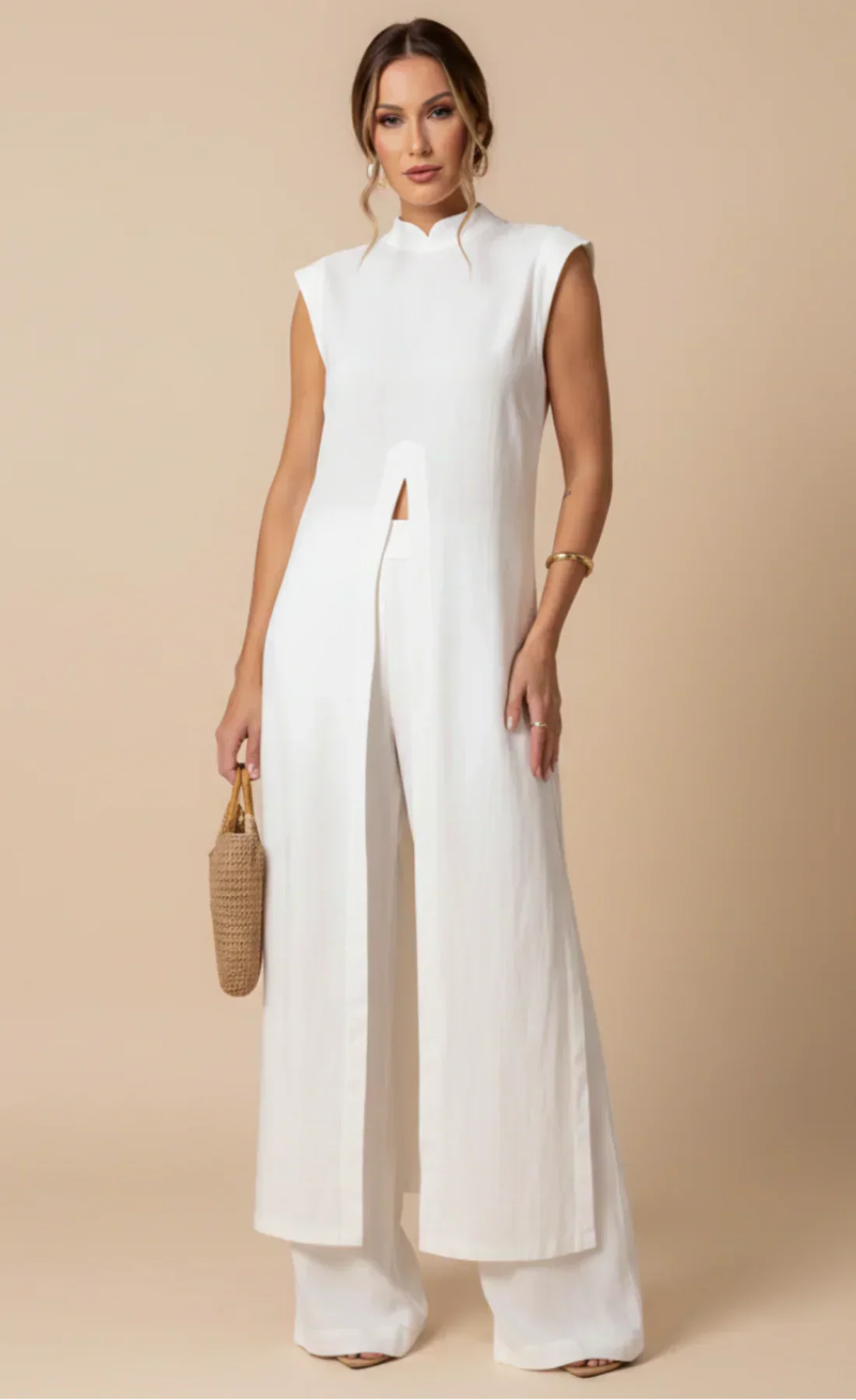 Benignaâ„¢ | White Ruffled Tunic Set and Pants