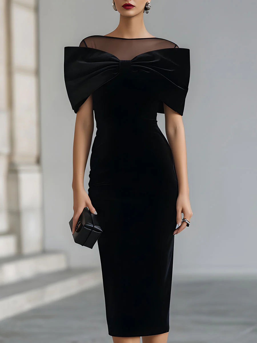 Regina β Black Velvet Midi Dress with Dramatic Bow