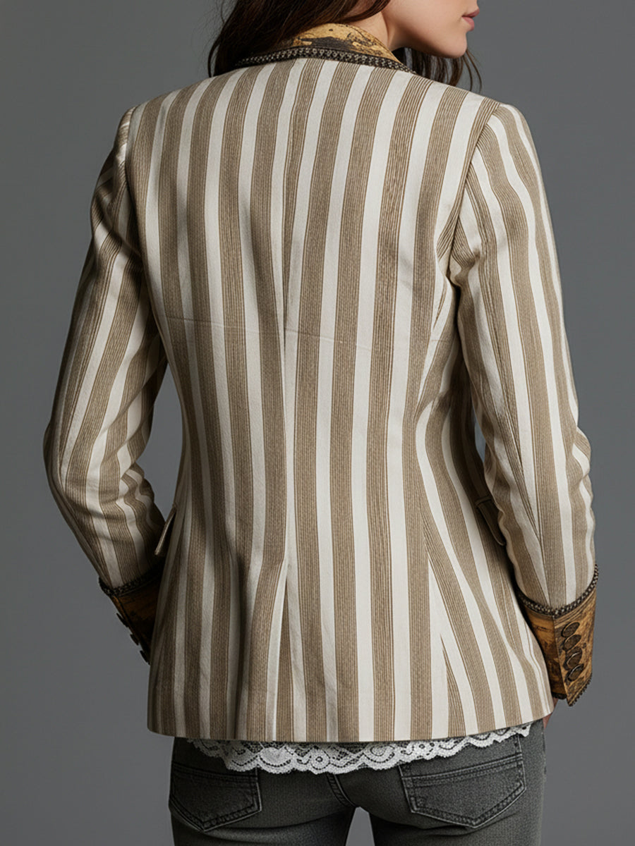 Women's Blazer with Lapels and Bohemian Stripe Print