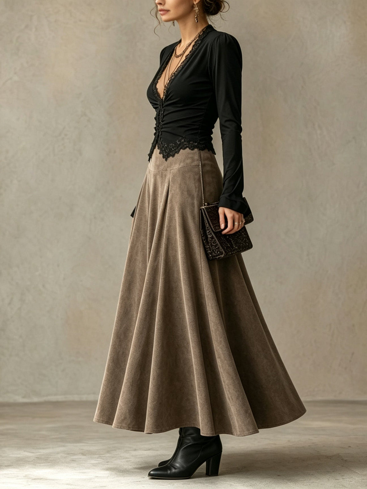 Black lace-trimmed top and faux-suede flared maxi skirt set