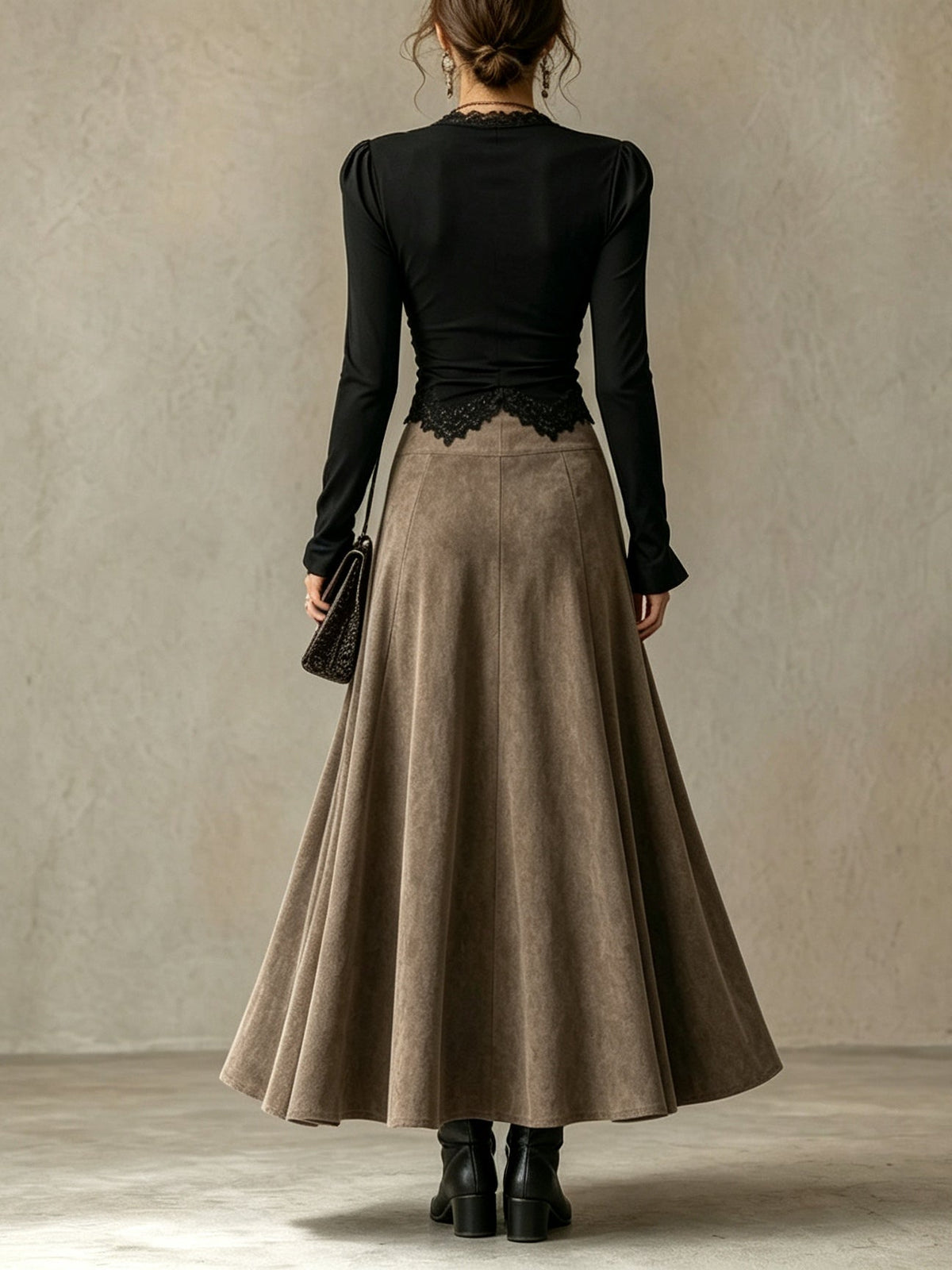 Black lace-trimmed top and faux-suede flared maxi skirt set