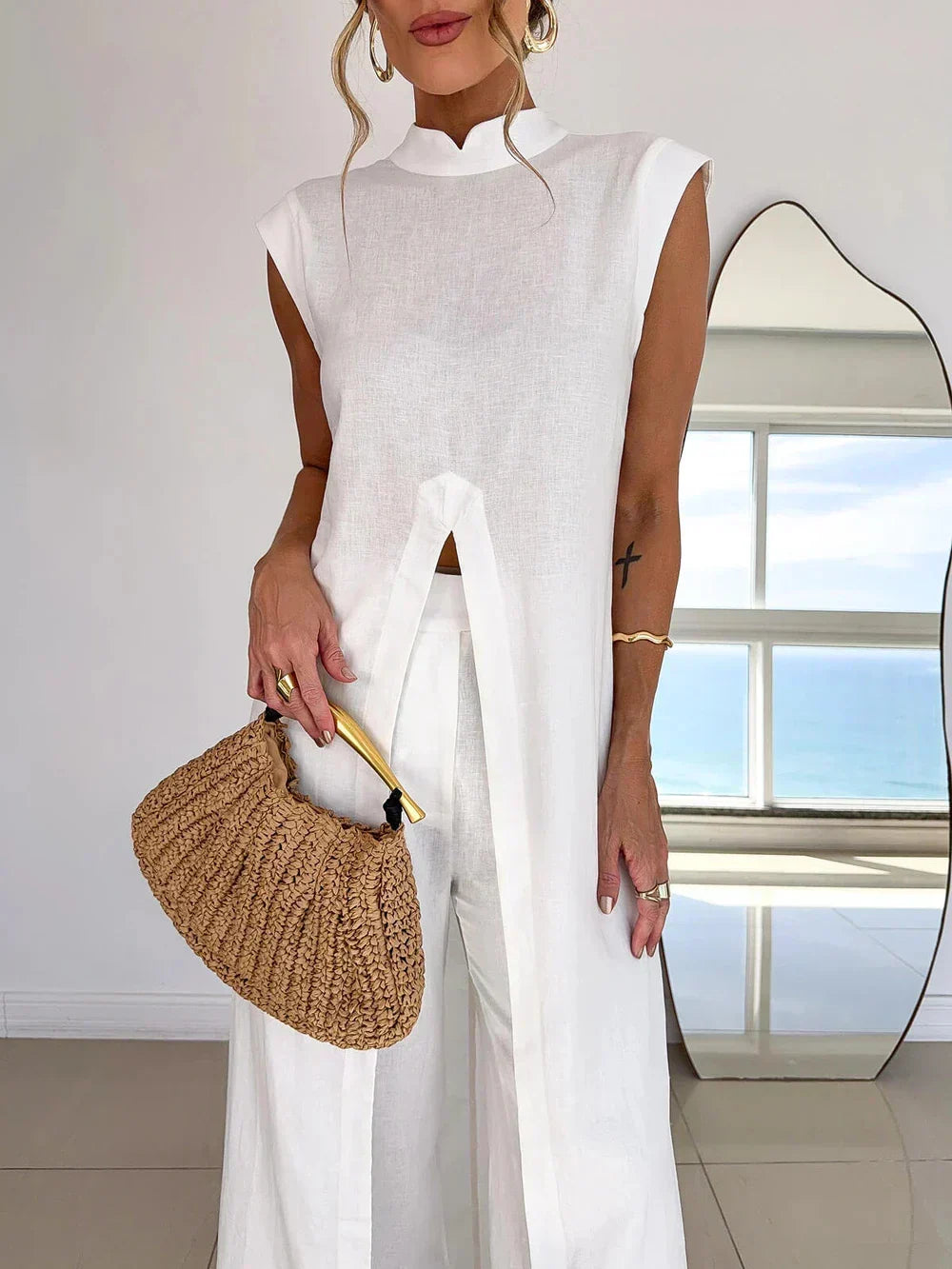 Benigna™ | White Ruffled Tunic Set and Pants